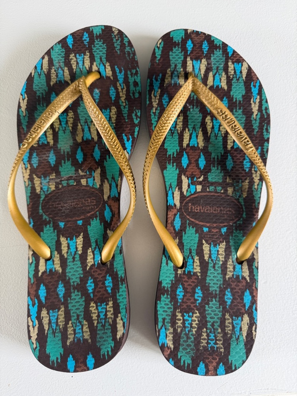 Havaianas Brown Flip Flops with Turquoise, Teal & Gold Straps